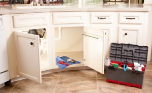 under sink cabinets open revealing plumbing, with tool box to the side